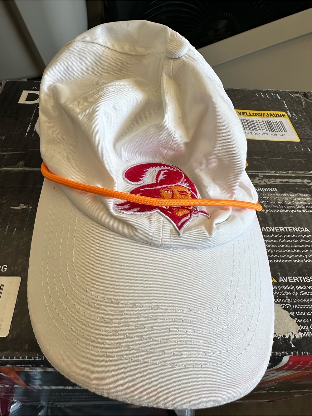 Source Unknown White Cap with Orange Chin Cord and Red Pirate Patch